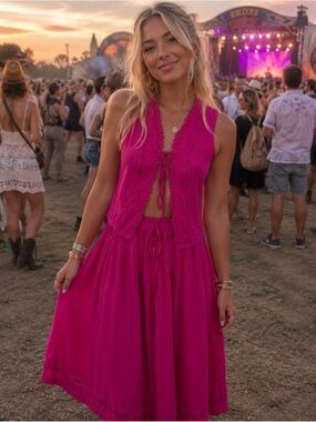 Free People Gesibelle Hot Pink Fuschia  Eyelet Lace-Up Vest with Skirt NWT